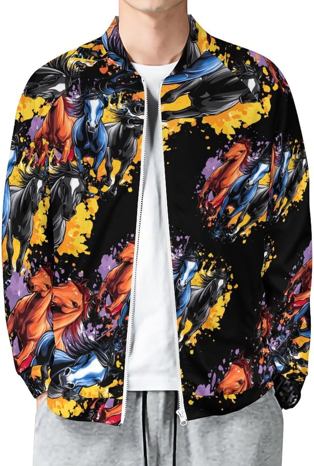 Running Horse Mens Shirt Hoodless Hoodie Full Zip Baseball Bomber Jacket Lightweight Top