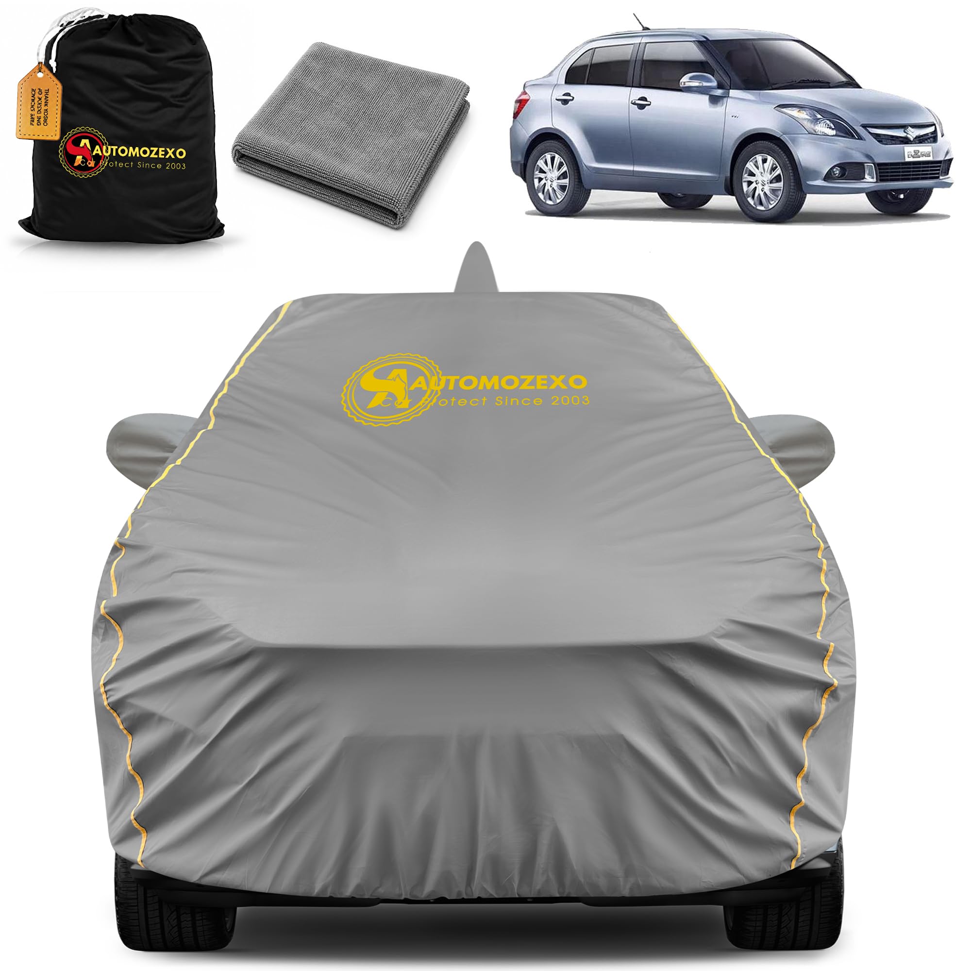 AUTOMOZEXO Maruti Dzire Waterproof Car Cover with Mirror & Antena Pocket UVRay Protection Inner Cotton Layer Adjustable Belt Elastic Triple Strap Stitched Cover Compatible for All Dzire (Grey)-picture-16