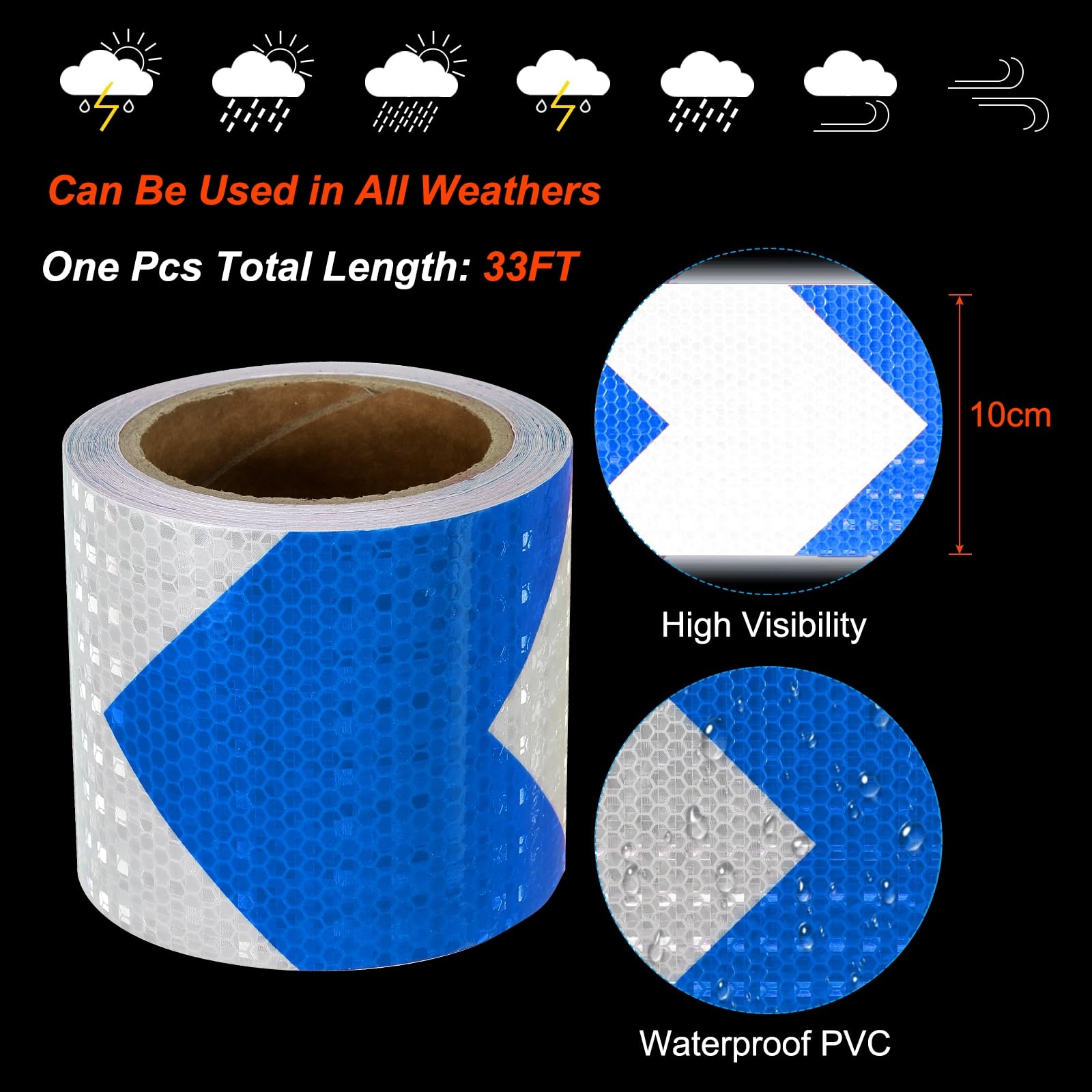 PATIKIL Réfléchissant Bande 4 pouce x 33 Ft Imperméable Bleu-Blanc | Adhésif Ruban Extérieur, Élevé Visibilité, Avertissement Sécurité, Réflecteur Autocollants, pour Voitures Motos Camions