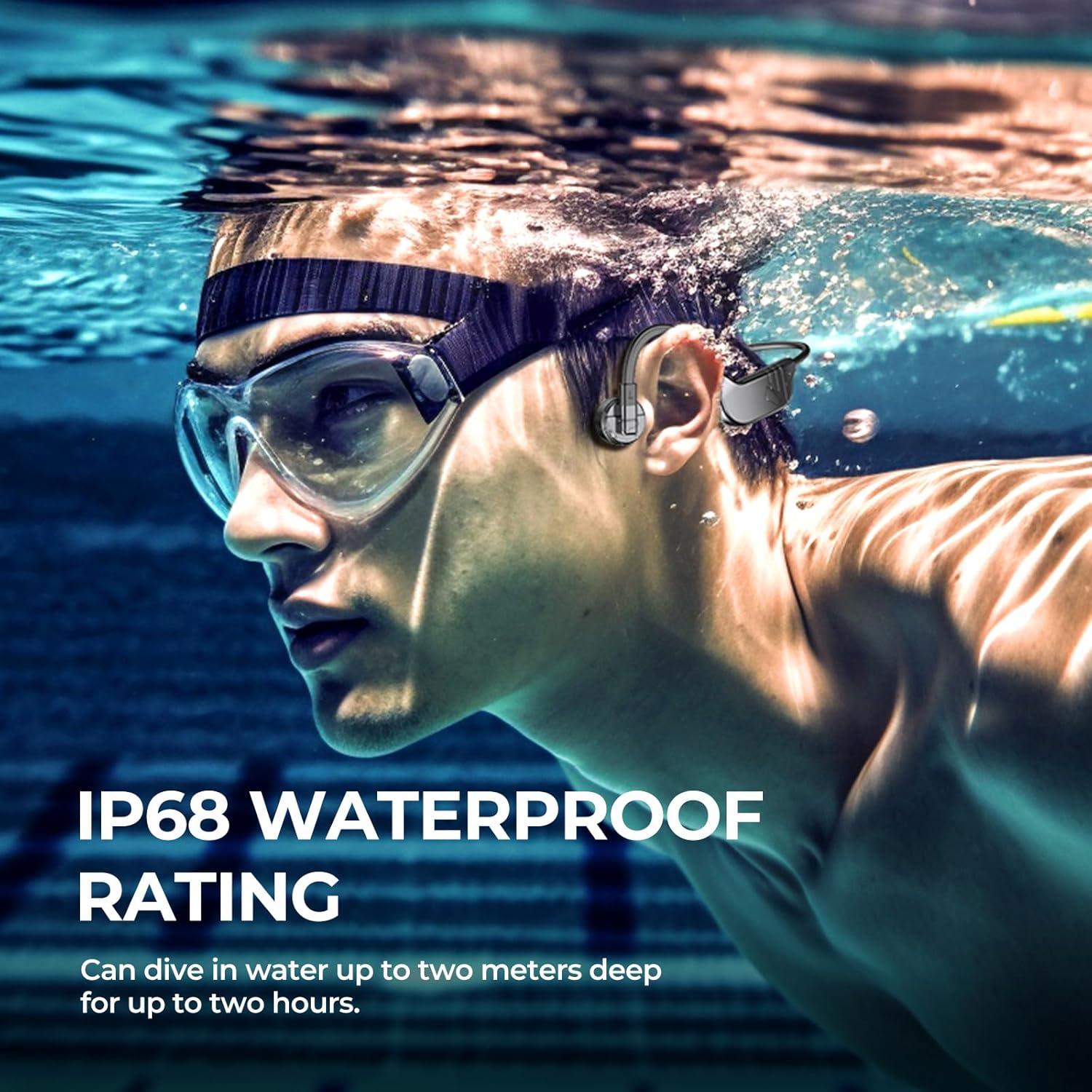 Person wearing fojep K9 Pro headphones while swimming