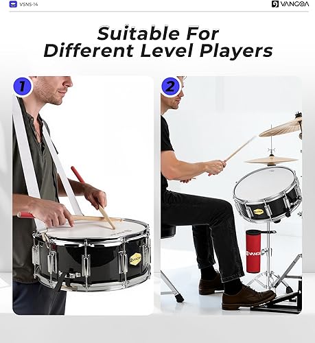 Miniatura 8 de Kit de tambor snare Vangoa con cabeza Remo de 14" x 5.5" para estudiantes de banda escolar de marcha principiantes con soporte, soporte para Negro