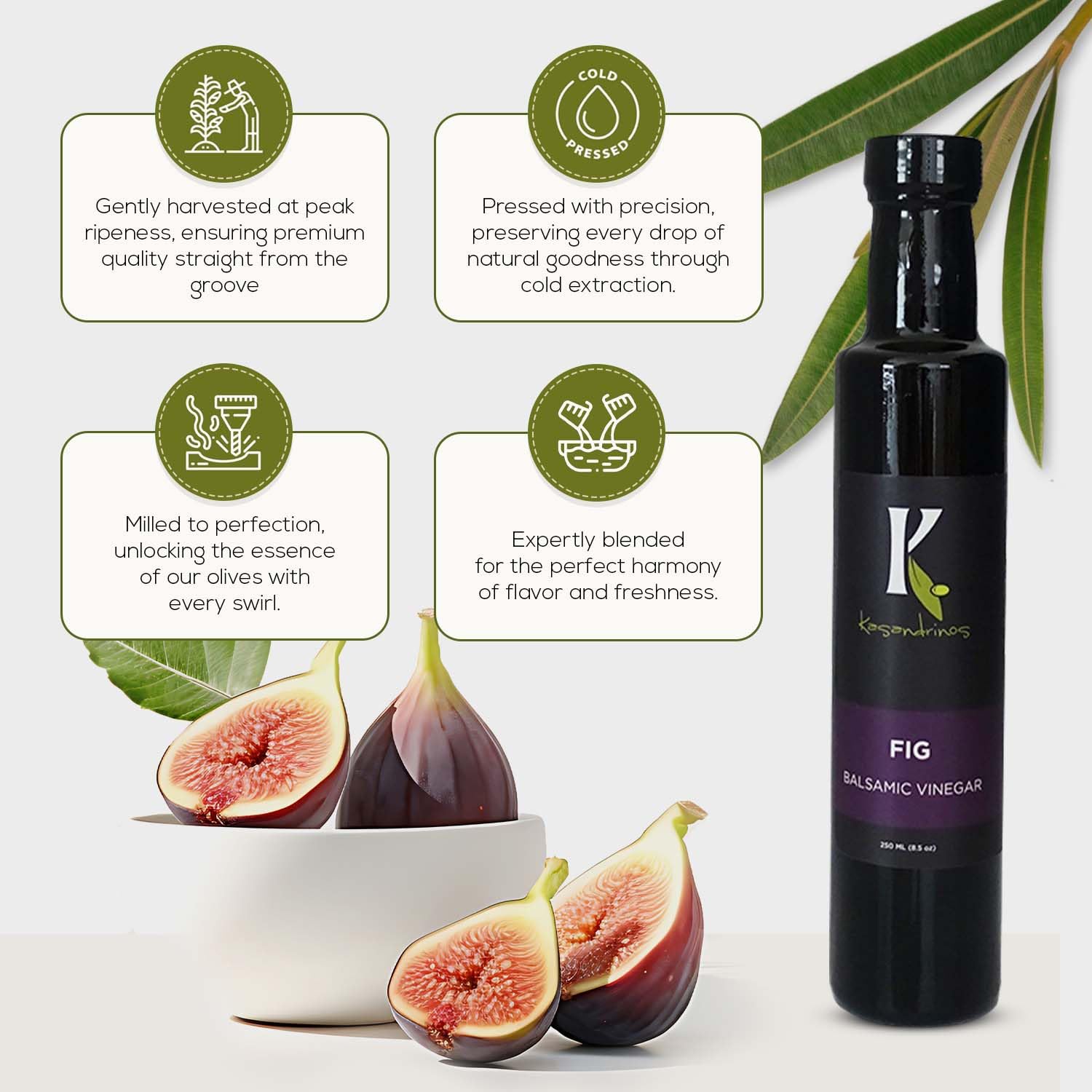 Kasandrinos Fig balsamic vinegar, Greek salad dressing, Aged balsamic vinegar Used to enhance salad dressings, marinades, and sauces, best balsamic vinegar, 250 ml / 8.5 oz Bottle