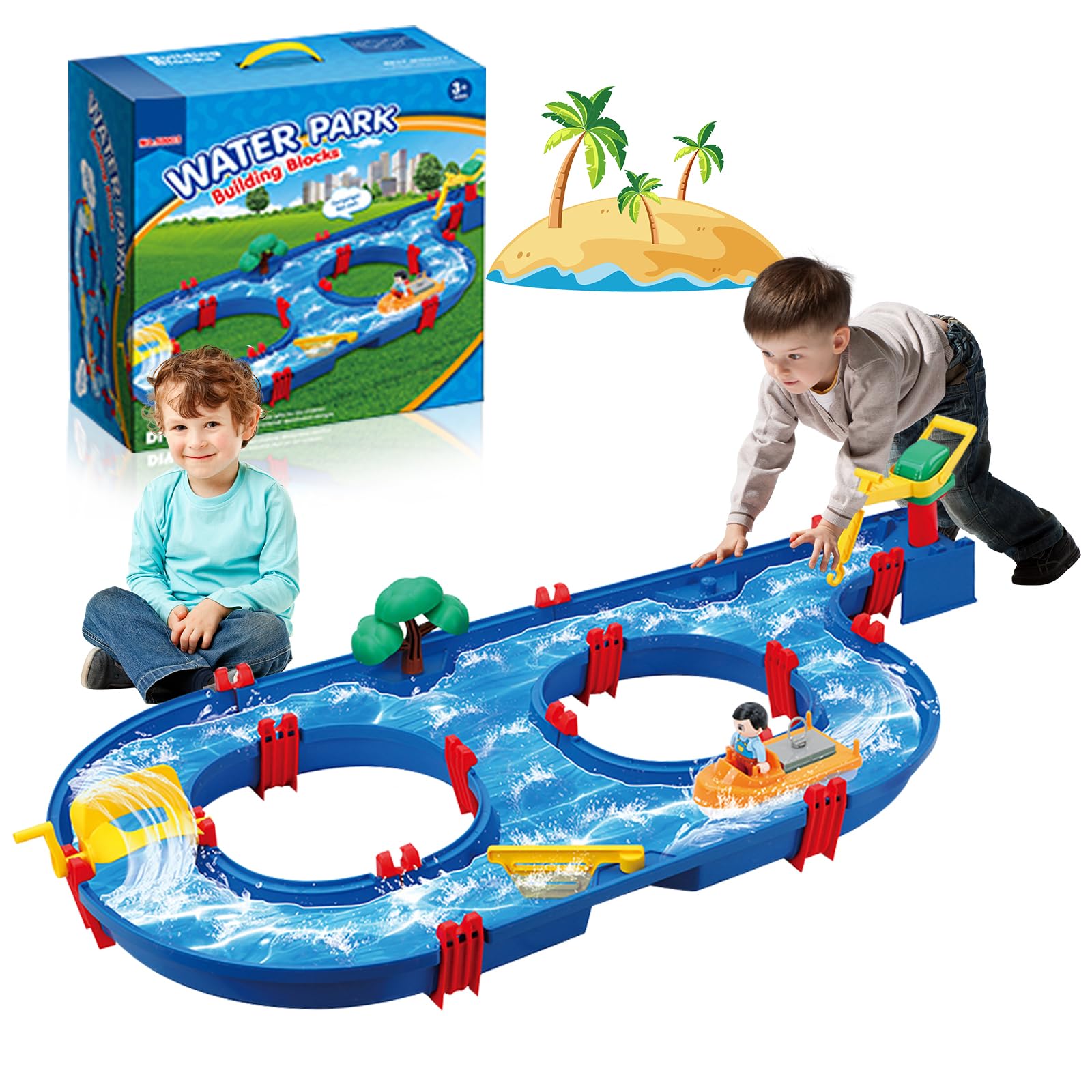 TANSAR Water Table for Kids Ages 4-8, Sensory Table for Toddlers 1-3, Outside Kids Toys for Backyard, Lawn, Pool Waterway Activity Toy with Boat, Summer Outdoor Water Games for Boys Girly (44Pcs)