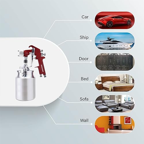 Miniatura 6 de ENDOZER Pistola pulverizadora profesional de alimentación por sifón para pintura, mango rojo, 34 oz - boquilla de 1.8mm para una variedad de