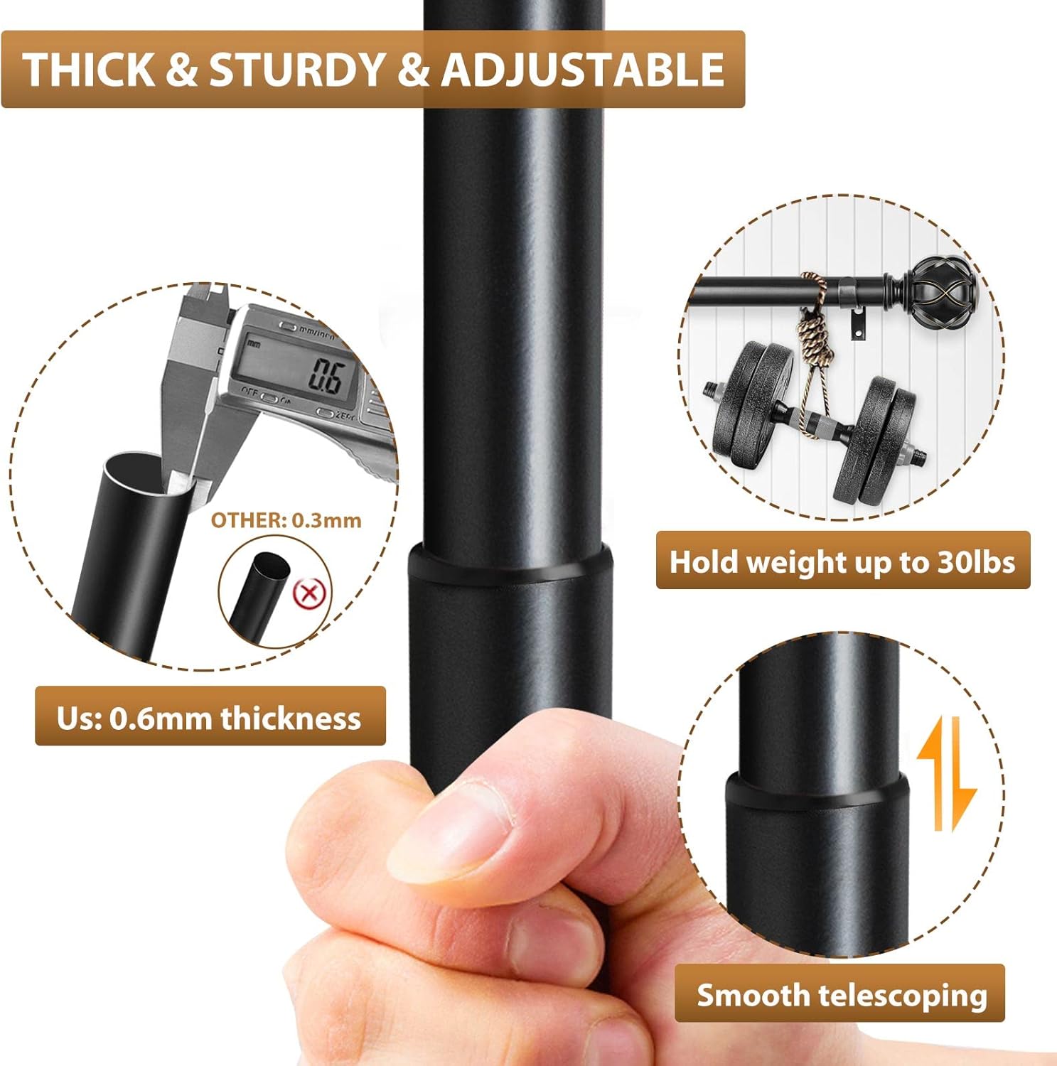 KAMANINA 1 Inch Double Curtain Rods for Windows 36 to 72 Inches (3-6 Feet)，Black Heavy Duty Double Curtain Rod, Telescoping Drapery Rod with Netted Texture Finials