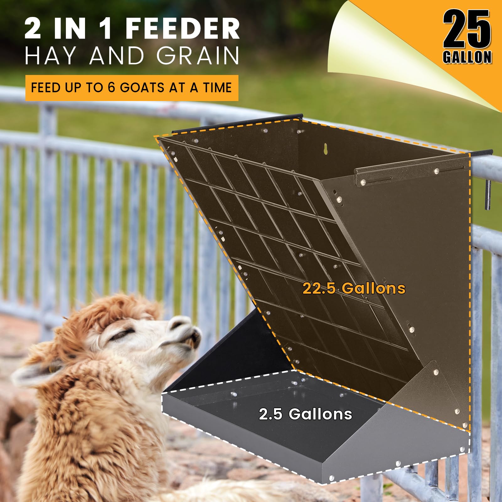 Hay Feeder for Goats 25 Gallon Horse Hay Rack Wall Mount 2 in 1 Hay and Grain Feeder Metal Livestock Mineral Feeders for Sheep Nigerian Dwarf Goats, Hanging, Adjustable - image 3