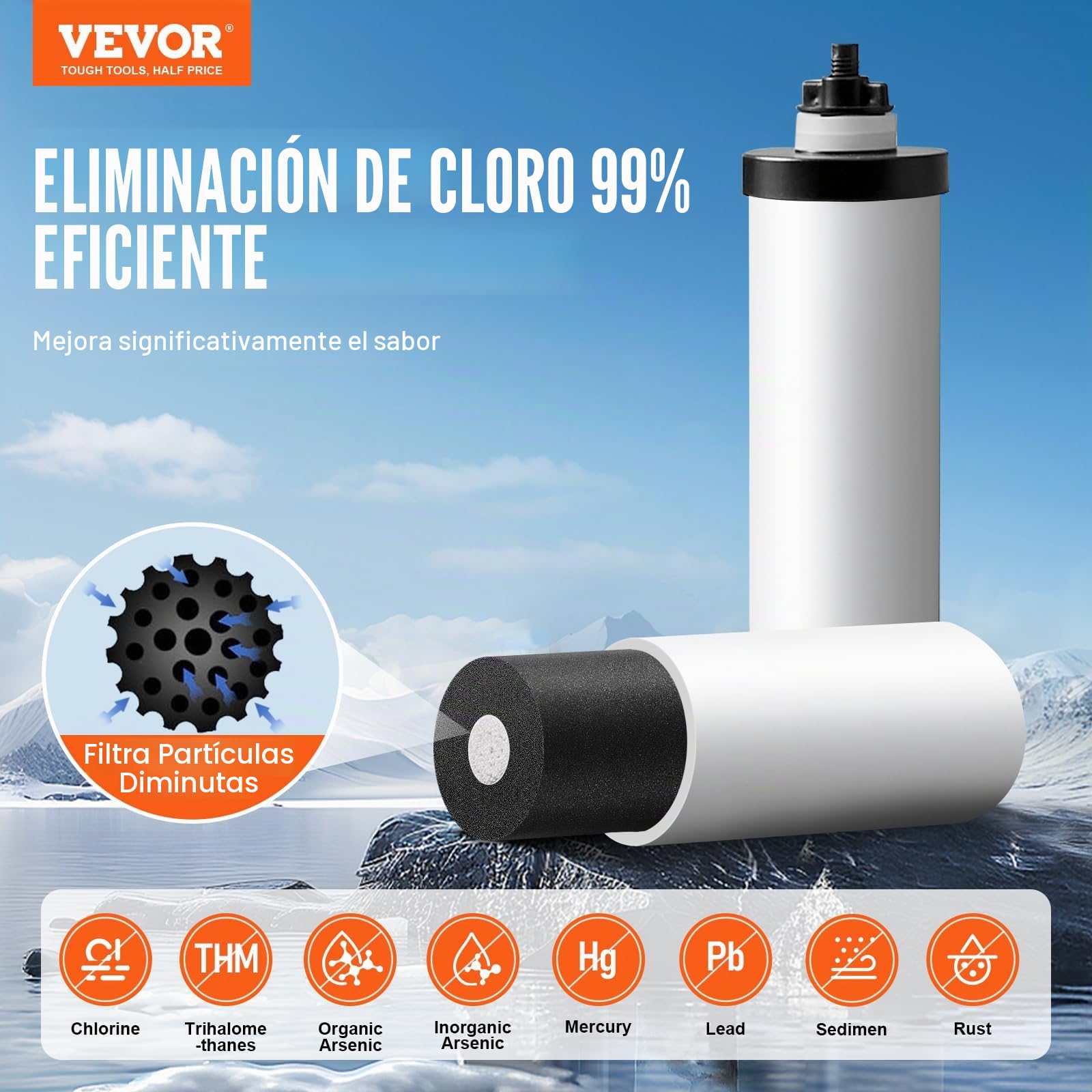 VEVOR Sistema de Filtración de Agua por Gravedad 8,5 L Acero Inoxidable 304 Filtro de Agua por Gravedad Reducción de Plomo y hasta 99% de Cloro con Filtros de Carbón y Cerámica, Grifo y Soporte