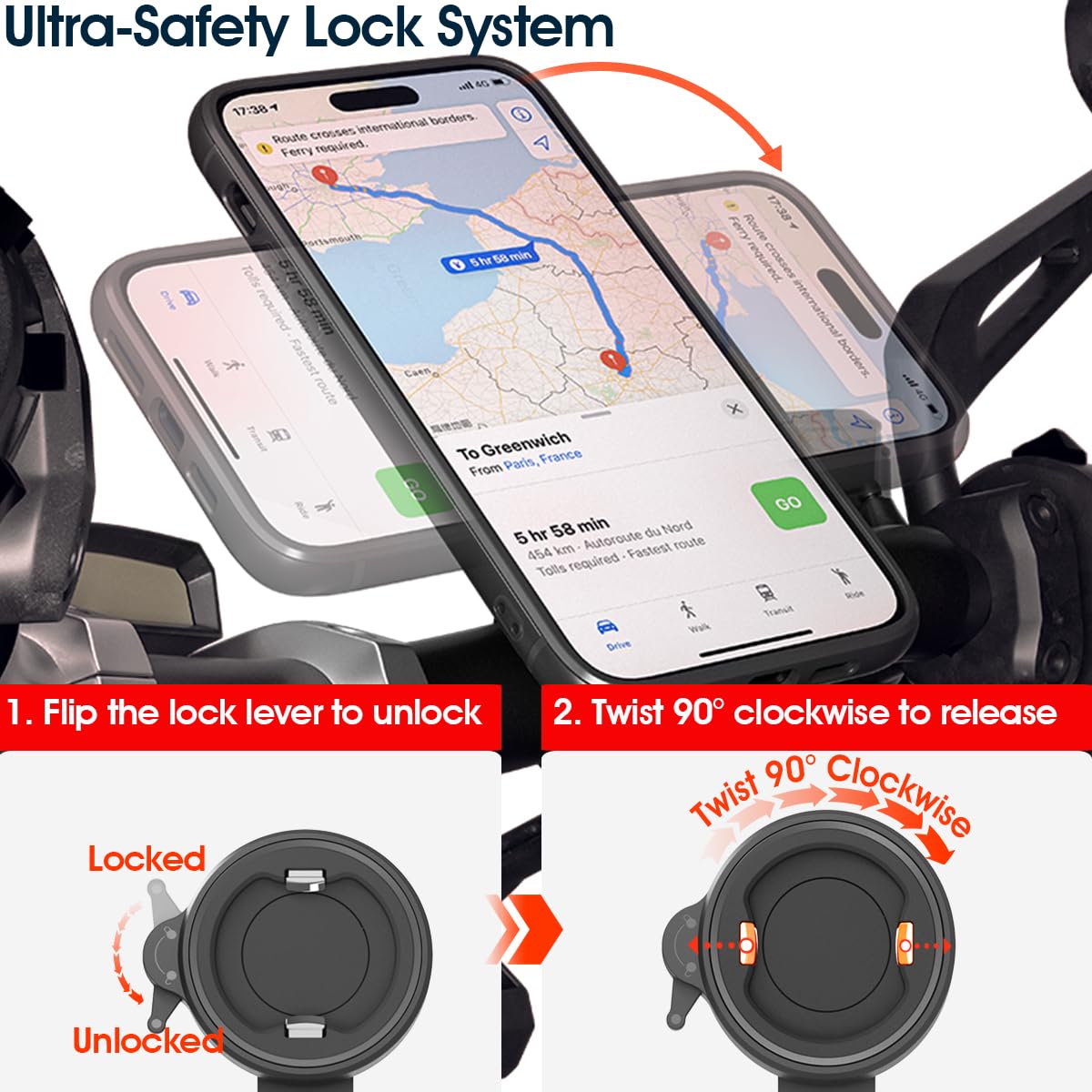 Soporte Movil Bici - Soporte Móvil Bicicleta y Moto de Aluminio Ligero y Seguro, Porte Movil Bici Manillar Universal para MTB, Carretera y Urbano, Bloqueo y Extracción Rápid para Teléfono 4-7,5"