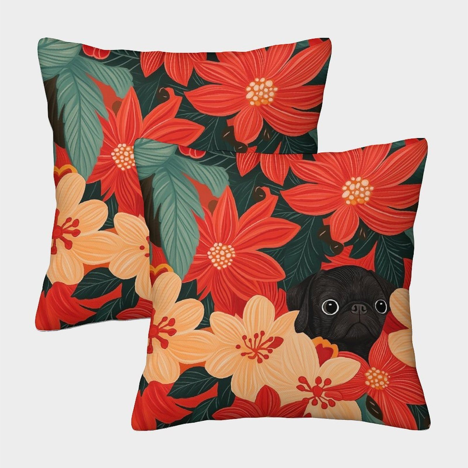 kaiyun 2 Pack Holiday Flowers,Black Pug Personalised Cushion Cover Home Sofa Decoration 50x50cm Pillow Covers