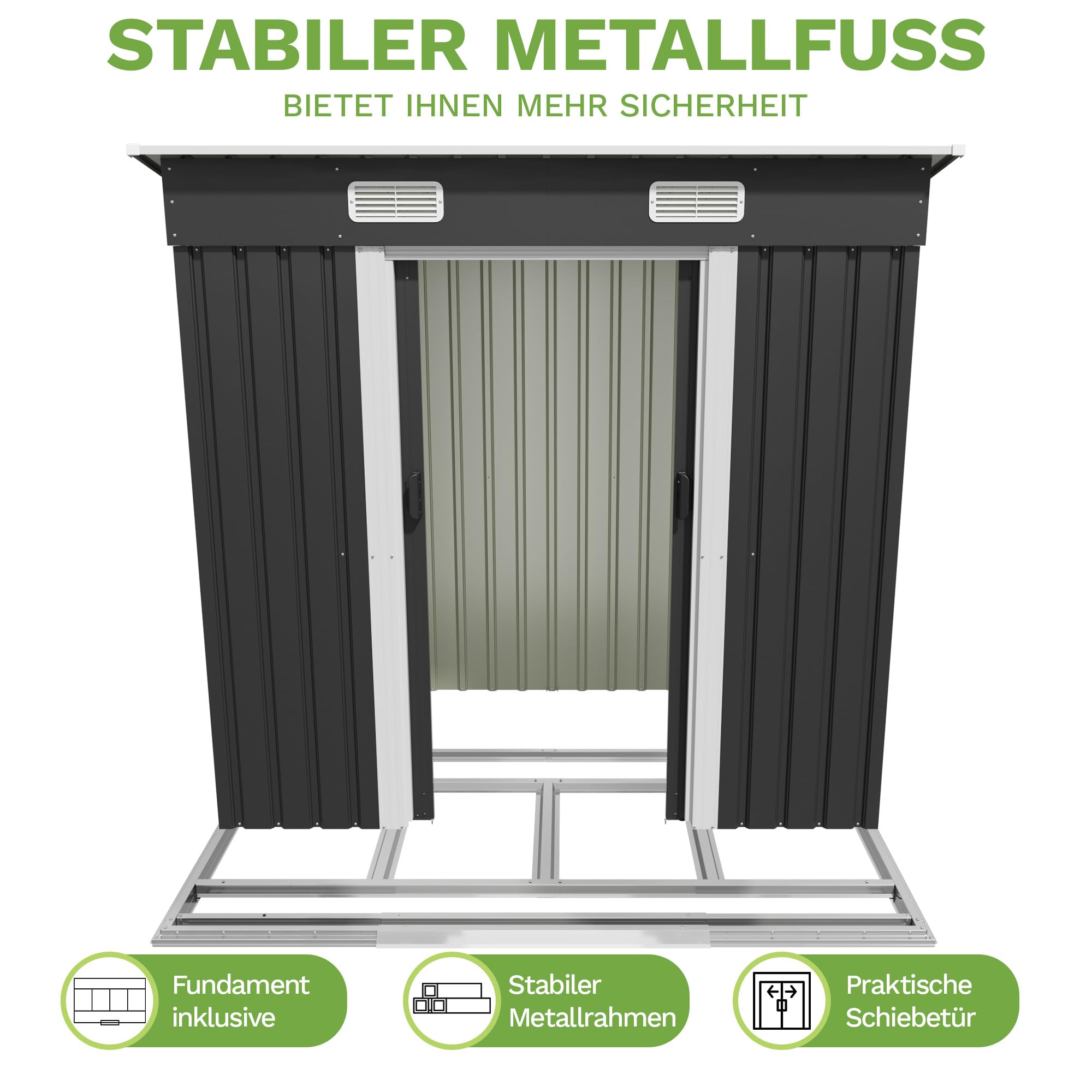 TRIUMPHKEY Abri de Jardin en métal 183x109x182cm avec Fondation 3,6m³ Abri de Jardin avec Toit en appentis et 2 Portes coulissantes, Anthracite, Garage à vélos, Résistant aux intempéries pour Outils
