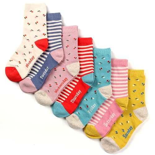 COTTON DAY 7 Days of the Week Gift Box Kids Girls Fashion Short Socks Cute Animal, Floral, Stars, Stripes & Polka Dots Design - Medium - Floral 7 Pack