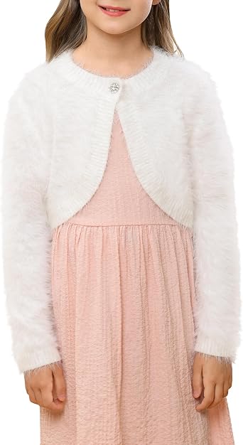 Girls Cardigan Long Sleeve Fluffy Bolero Shrug Open Front Knit Cover Up with Button Closure for Fall Winter 5-14 Years