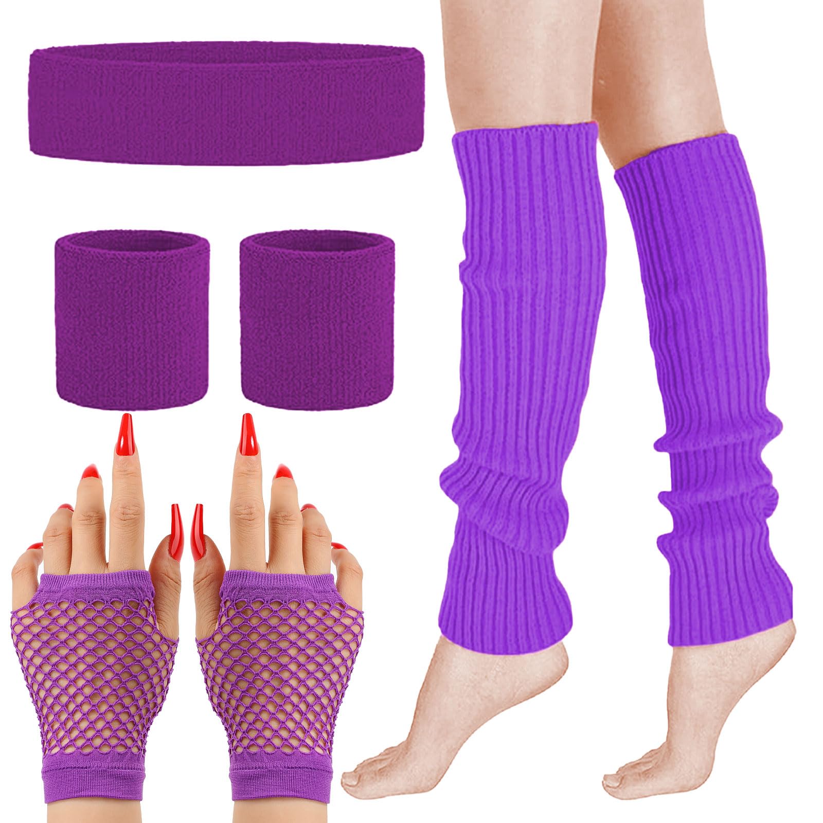 MUNSKT 5 Colors Leg Warmers Fishnet Gloves Headband Wristbands Neon Set, 80s Women Fancy Dress Costume Accessories