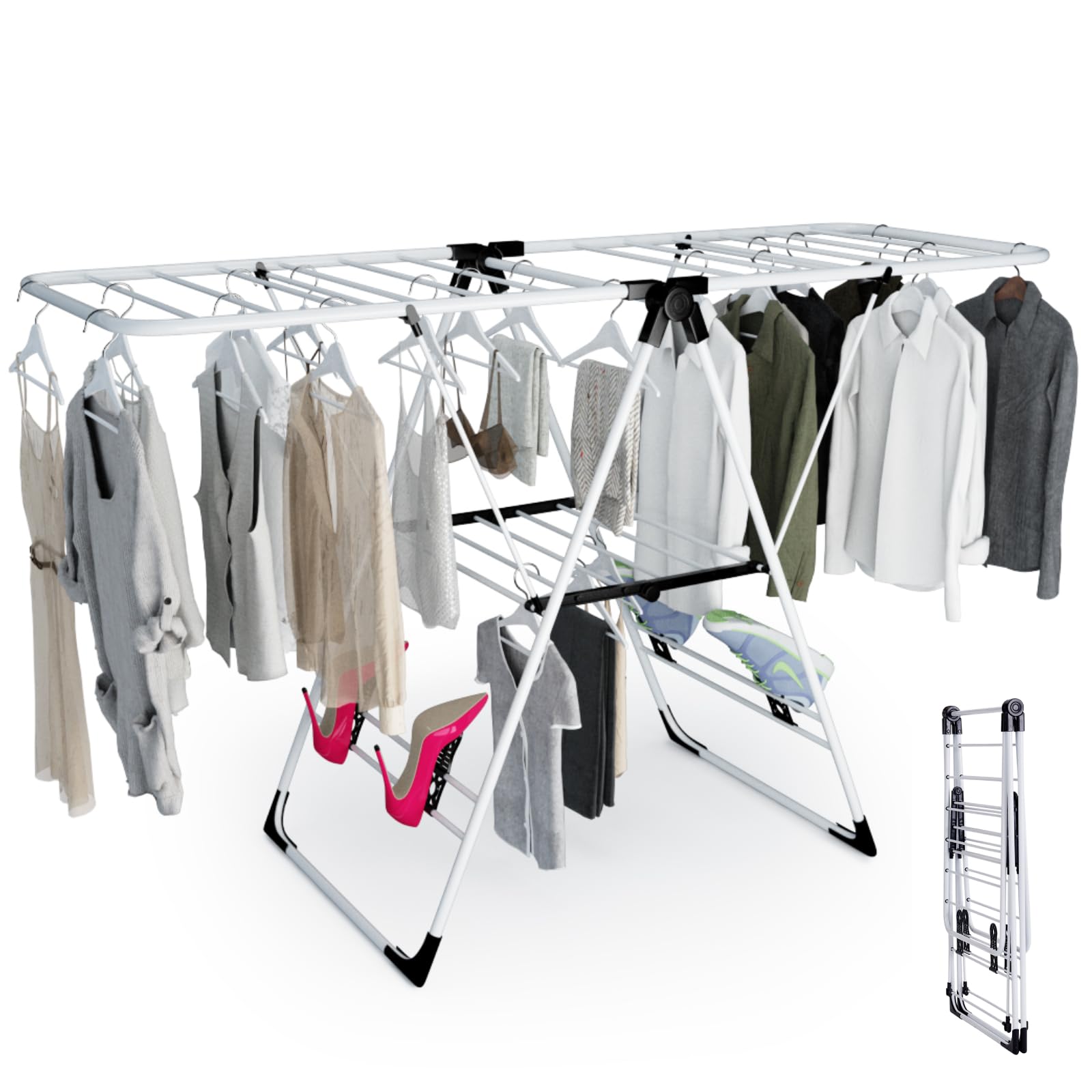 CASART Folding Drying Rack, 2-Level Clothes Airer with Height Adjustable Wing, Freestanding Steel Drying Rack for Clothes Socks Towels Shoes Quilts, No Assembly (with 18 Hanging Rails & Shoe Holder)