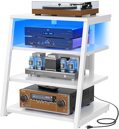 Miniatura 17 de Armocity Soporte multimedia AV de 4 niveles con regletas de alimentación, soporte de TV de esquina con luces LED, torre de audio en rack con Negro