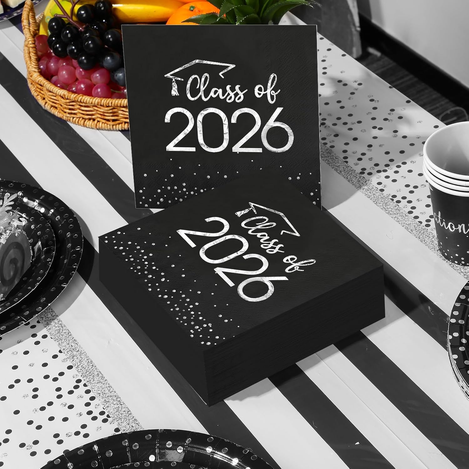 200Pcs Class of 2026 Graduation Napkins, Disposable Congrats Grad Paper Cocktail Napkins Square Foil Dot Hand Towels for 2026 High School University College Graduation Party Decorations (Black Silver)