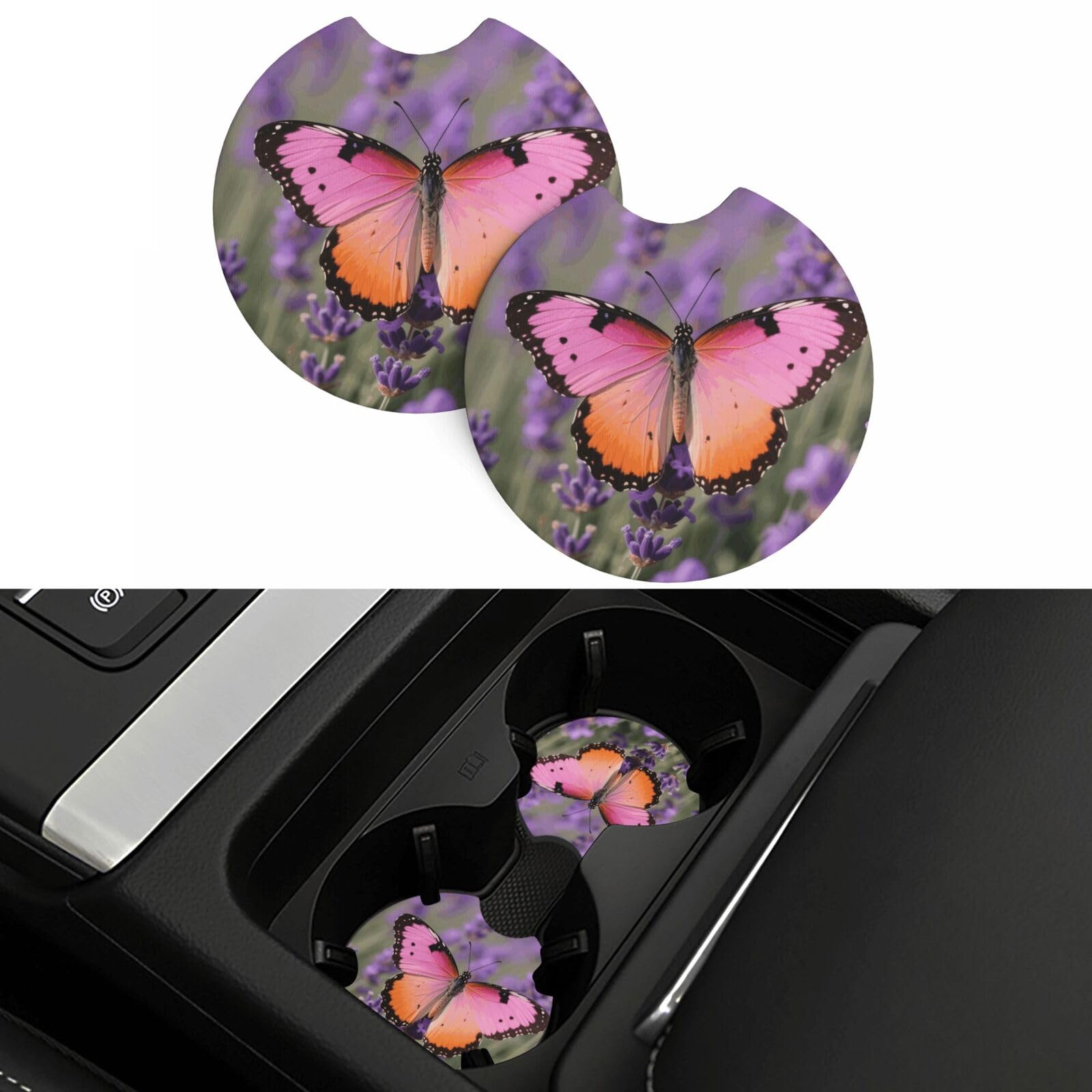 2 Pack Car Coasters,2.7" Universal Car Cup Holder Coasters Non-Slip Neoprene Cup Pad Mat Coaster Car Interior Accessories for Women Men Colorful Butterfly