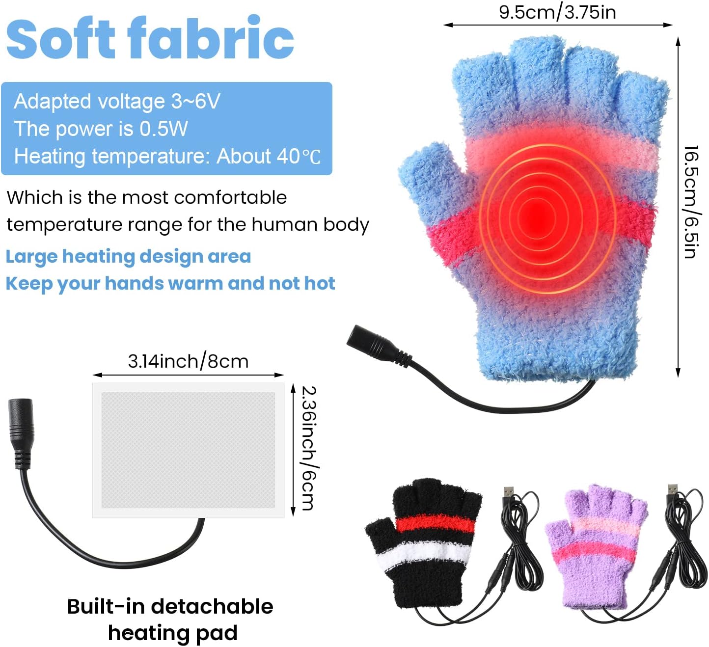 3 Pairs USB Heated Gloves for Women Fingerless Warm Laptop Gloves for Hand Warmers Mittens Computer Electric Gaming - Image 2