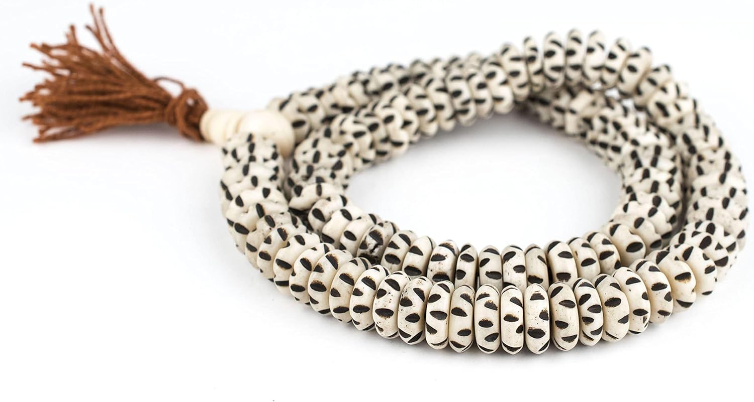 The Bead Chest White Carved Disk Bone Mala Beads 13mm Nepal Large Hole 19 Inch Strand