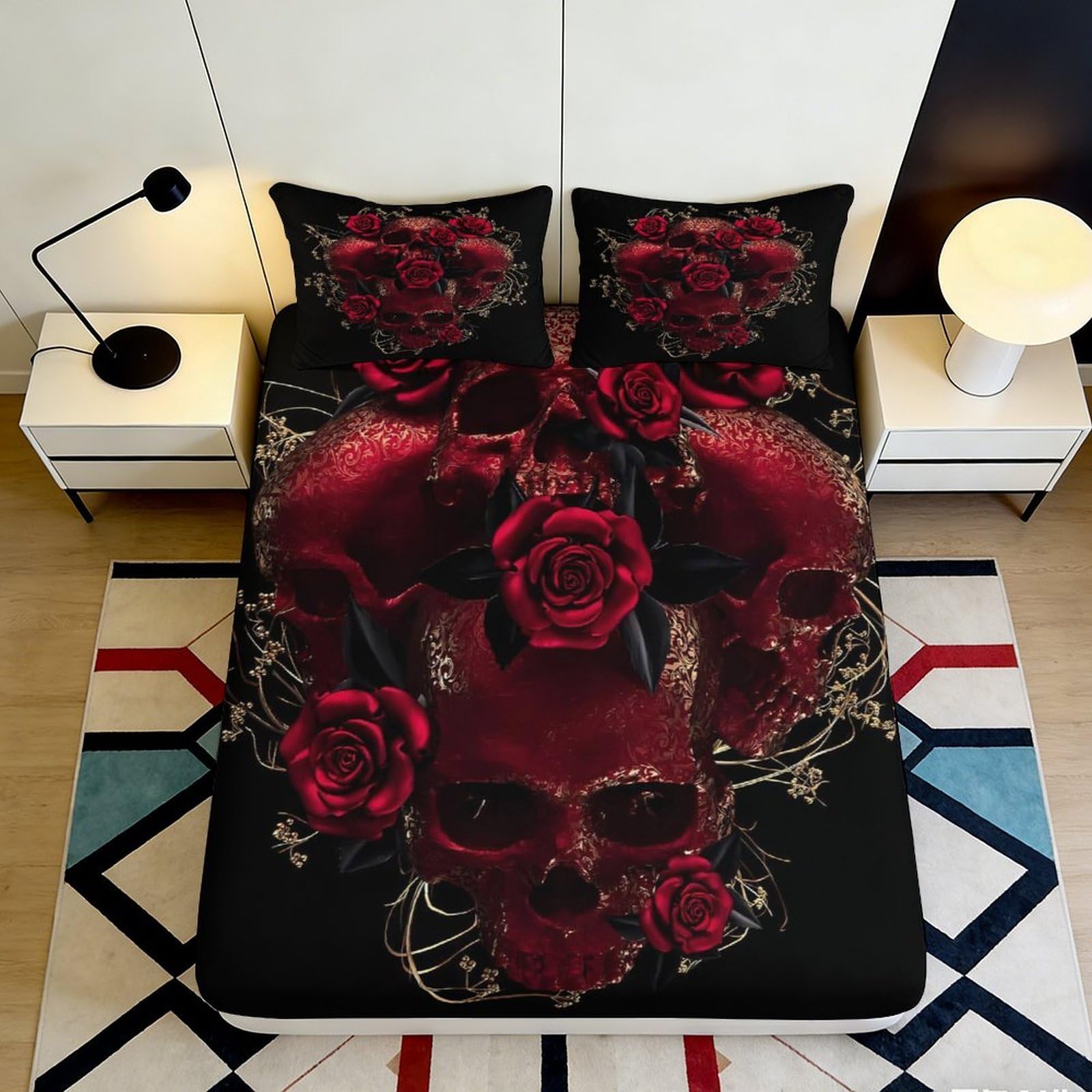 3D Printed dark skull Fitted Sheet with red rose, Microfiber soft touch, wrinkle resistant, bed cover for home, guest room bedding, easy care, 115 chars 90x200x25cm