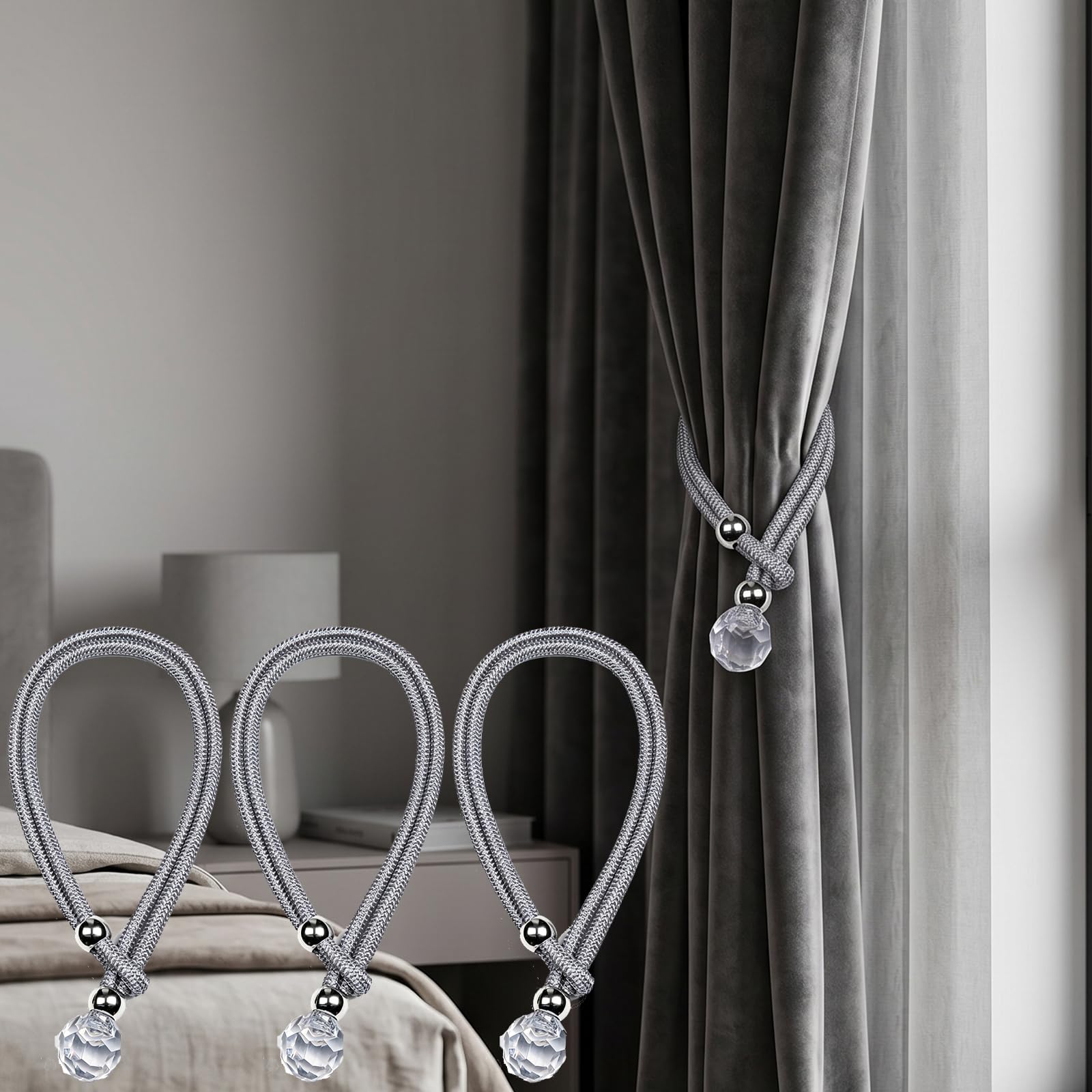 Curtain Tie Backs Antibacterial - Adjustable Polyester Cord Window Holders for Home Decor, Modern Grey Handwoven Design (Set of 4)