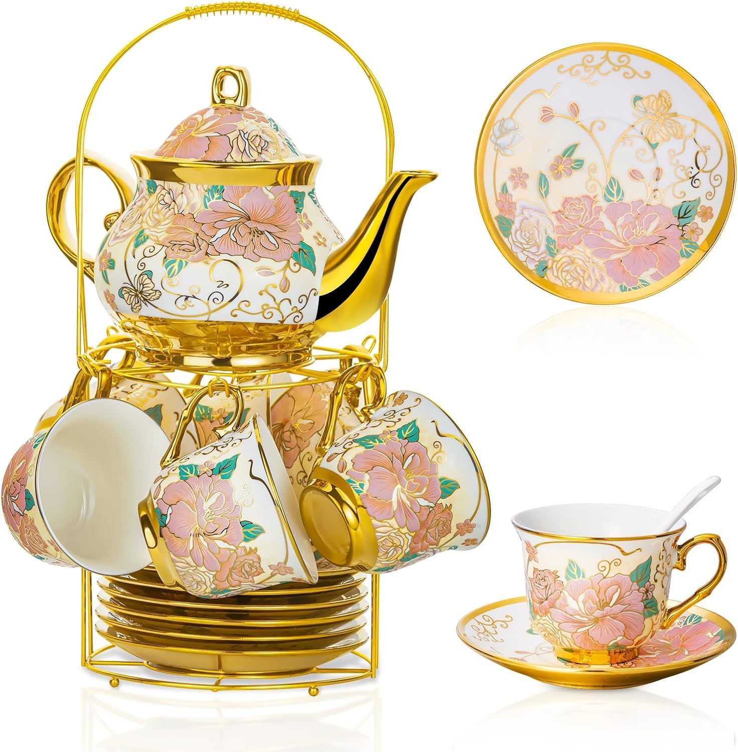 Premium Ceramic Tea Set of 13 PCS | Teapot (800ML) with 6 Cups (180ML Each), 6 Saucers & Holder Stand | Random Pattern Designs