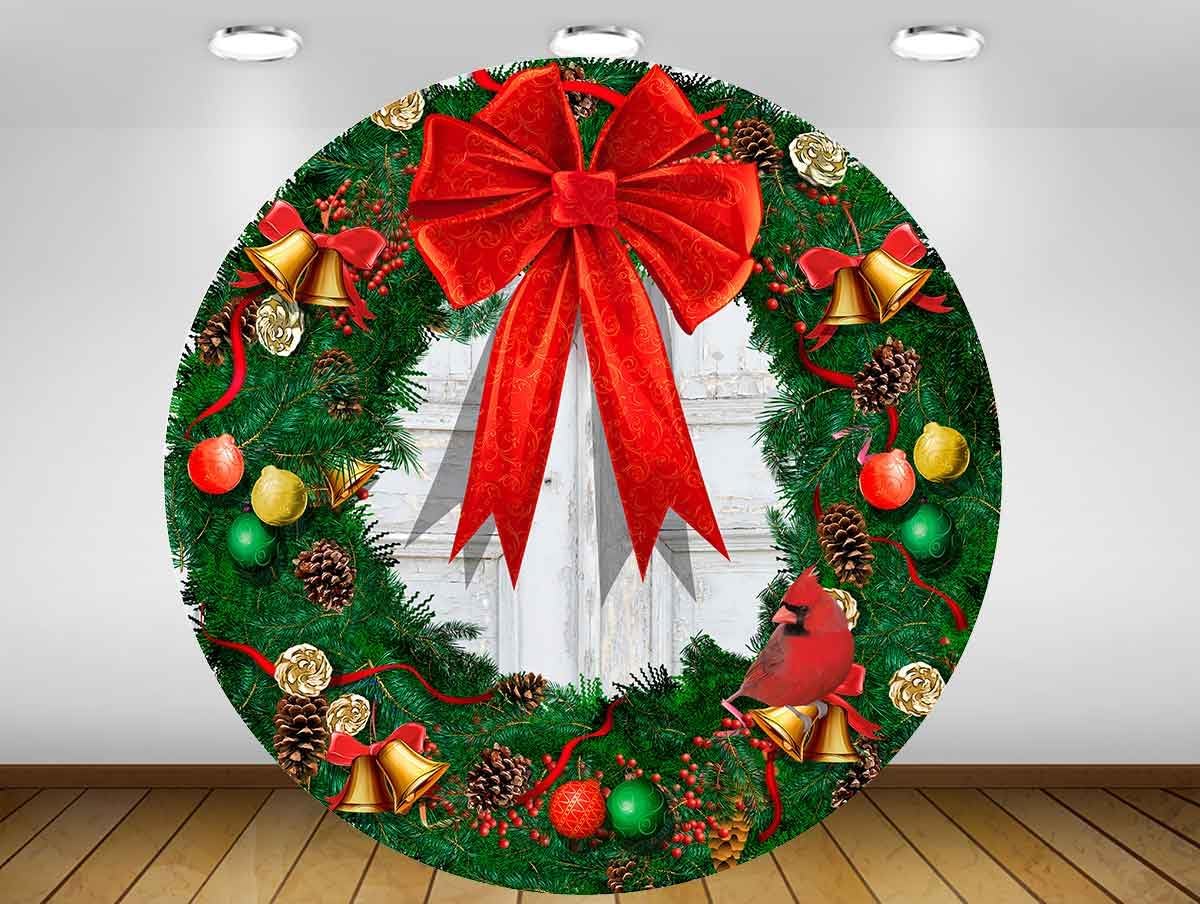 Christmas Round Backdrop, 7.2x7.2ft Polyester Xmas Ring Red Bowknot Circle Arch Cover for Photography