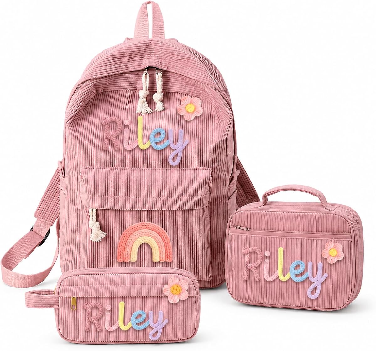 Personalized Backpack for Girls with Optional Lunch Bag & Pencil Case Set | Custom Corduroy School Bag with Cotton Rope Embroidery Name, Toddler Backpack for Boys, Kids Back to School Birthday Gifts