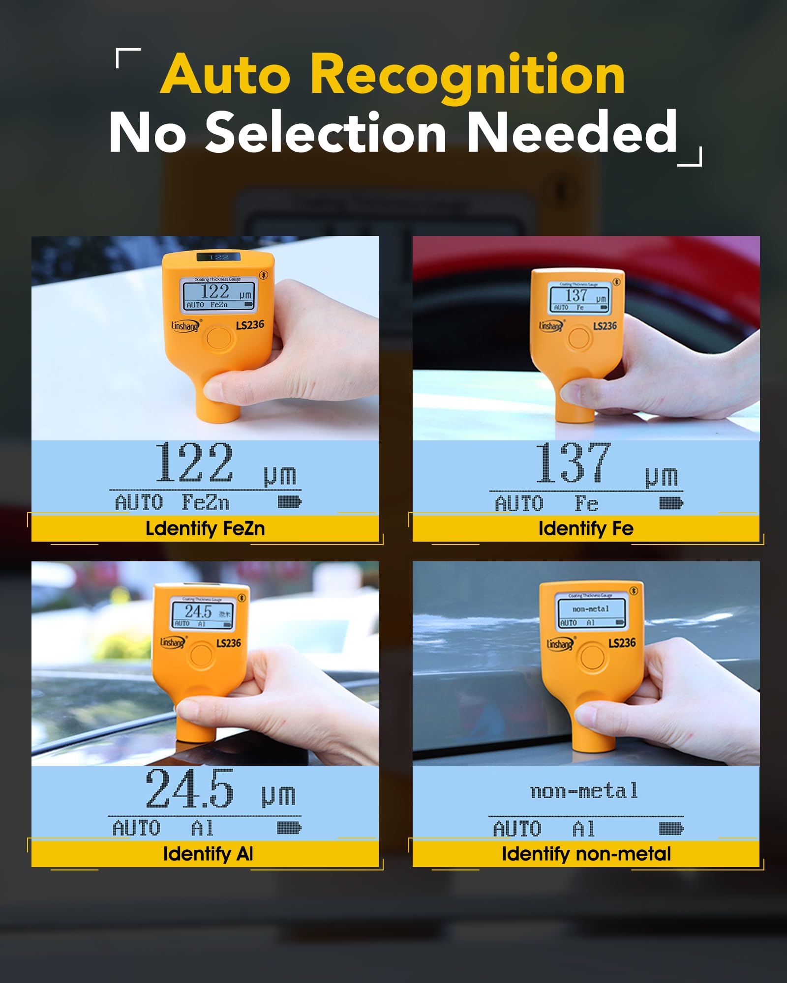 spessore misur Spessimetro Digitale per Vernice Auto, Doppio Display con Rotazione della Lettura, TRE Modalità di Misurazione 0,0-3500 μm, per Fe/AI/Non Metalli(Rubino)