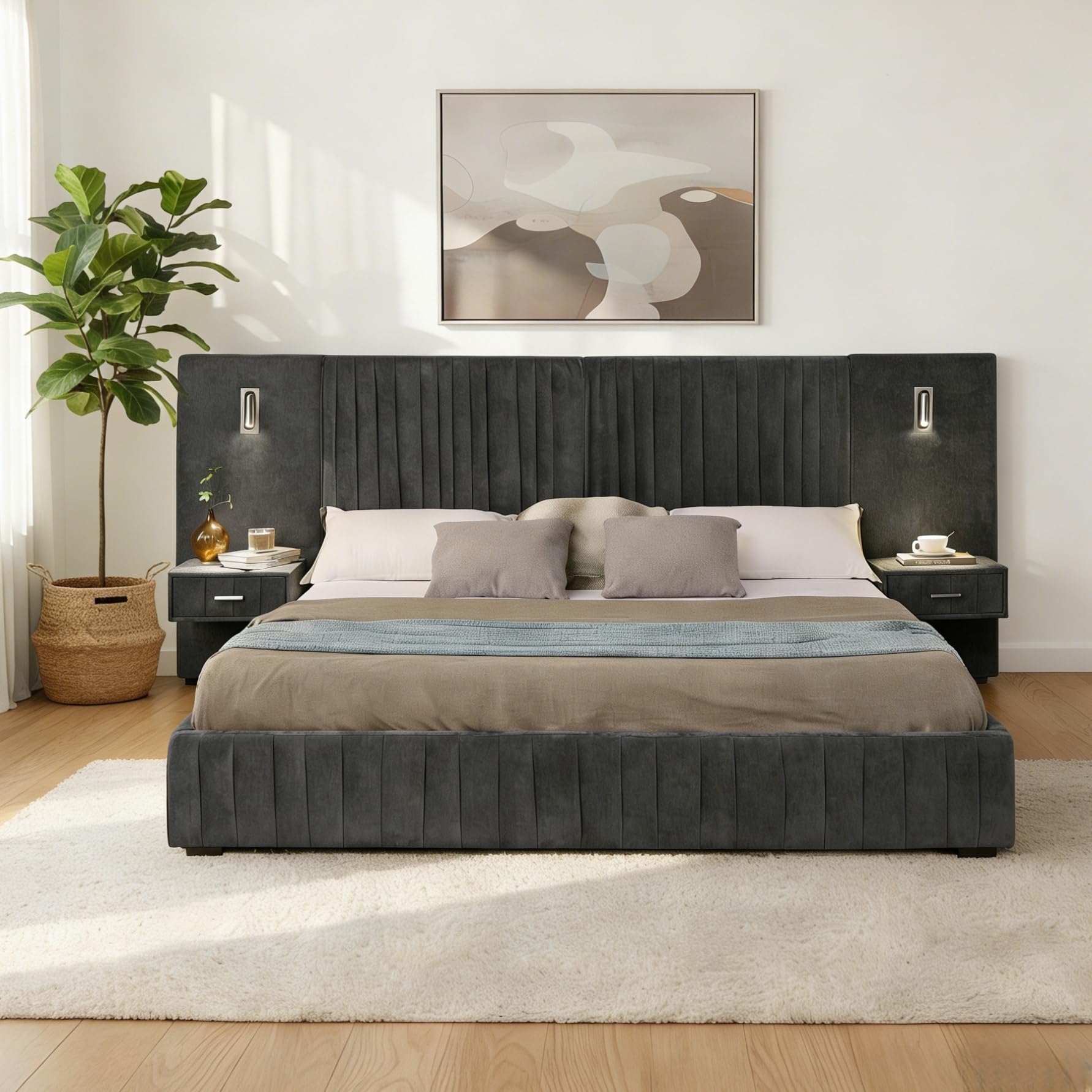 Photo 1 of ***MISSING PARTS***
EIKI Queen Size Chenille Bed Frame with 2 Nightstands, Lamps & Oversize Headboard, Solid Wood Frame Platform Night Stand Bedroom Set, Upholstered Floor Grounded Bed, No Box Spring Needed, Dark Grey