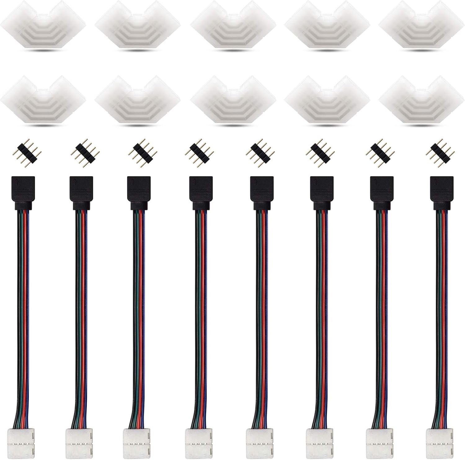 4 Pin LED Strip Lights Connectors 10mm Set, AWSOM LED Strip L Connectors and LED Strip Wire Jumpers, Solderless, Quick Connectors for SMD 5050 RGB LED Tape Lights