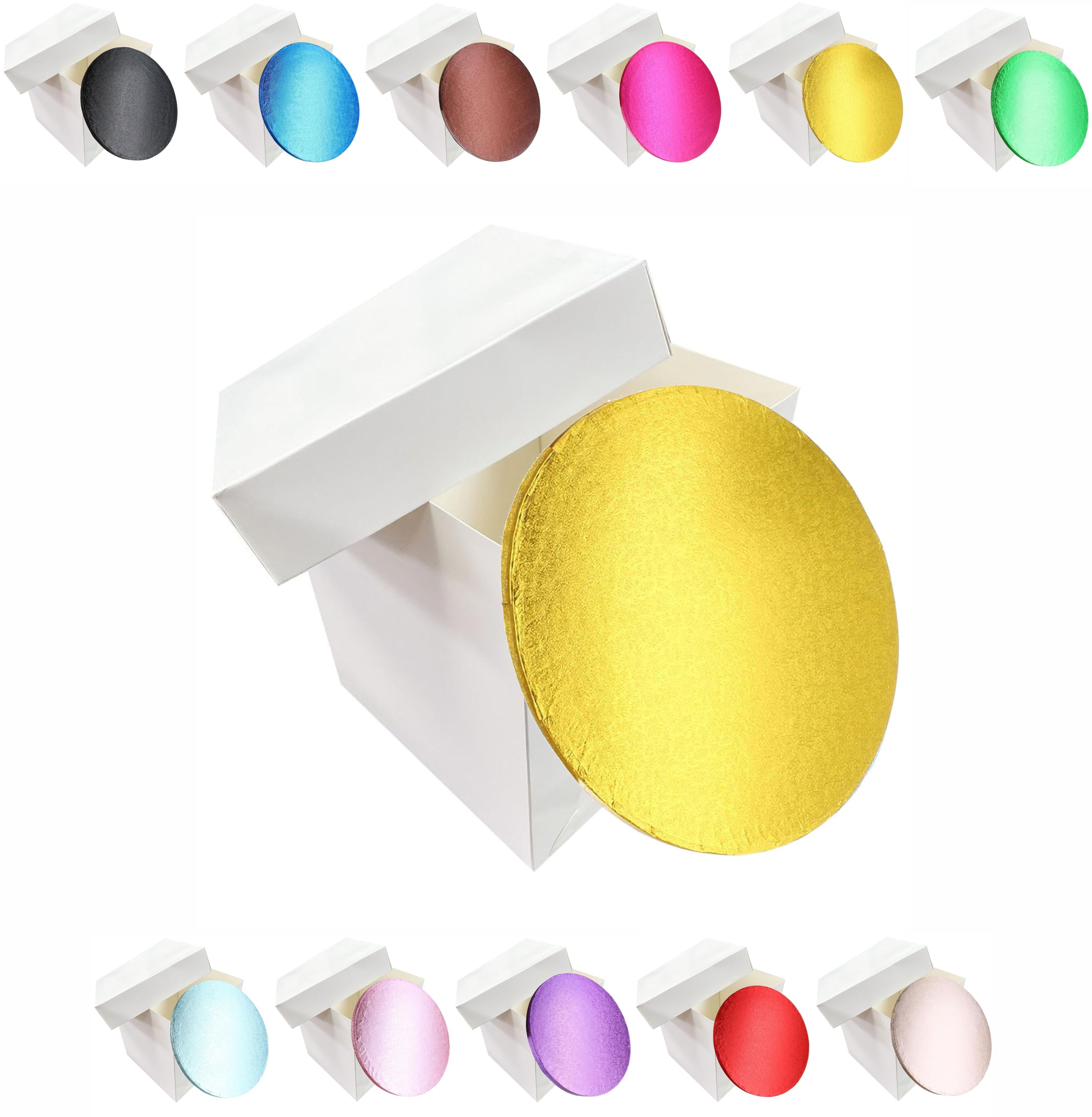 LARRYROO Tall White Extra Deep Cake Box + Lid & Round Colour Cake Drum Board Combo Pack for High Celebration, Wedding, Birthday Cakes (Gold, 8 Inch)