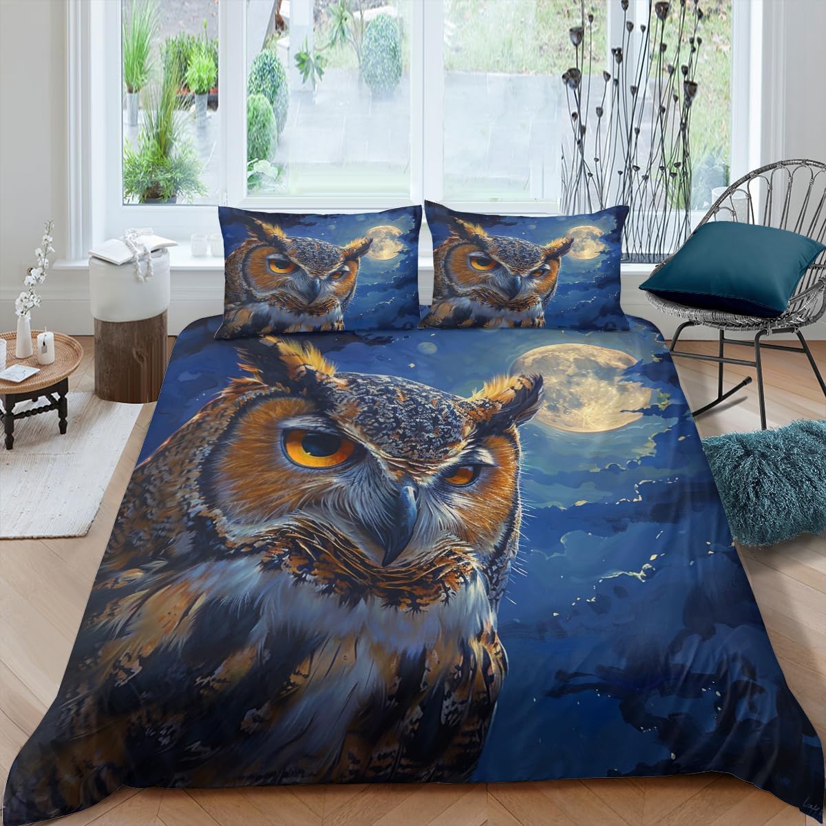 Parure de lit motif chouette 3D en tissu microfibre doux et infroissable 200x200