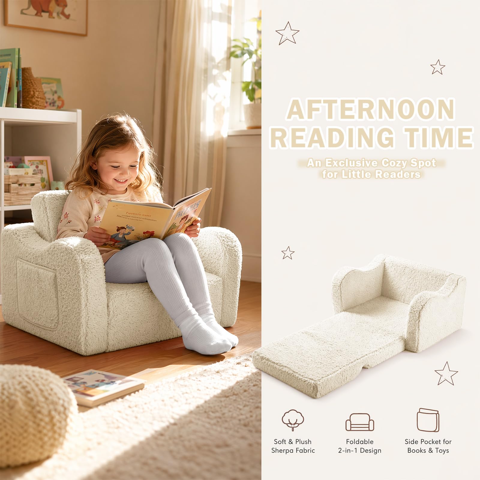 MeYuxg 3 in 1 Kindersofa Ausklappbar, Kindersessel ab 1 2 3 Jahr, Plüsch Spielsofa mit Schlaffunktion, Kuschelecke im Kinderzimmer Mini Couch für Mädchen und Jungen, Beige