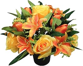 Artificial/Silk Flower Arrangement in Grave pot, 27cm in warm autumn shades