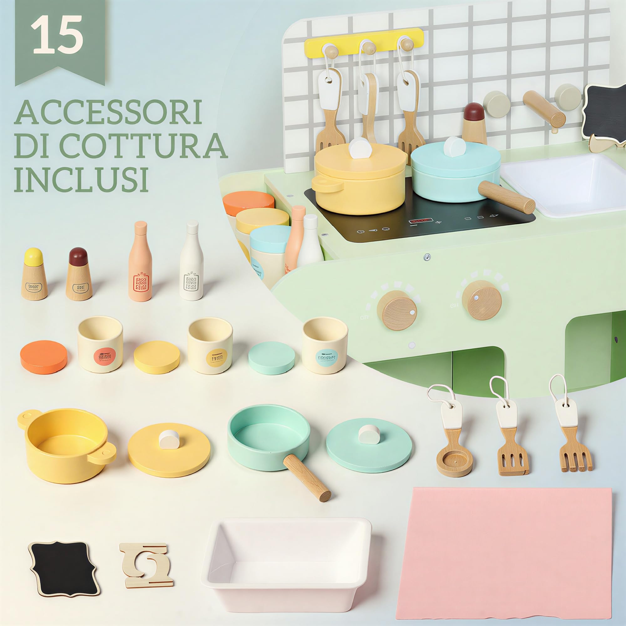 AIYAPLAY Set Cucina Giocattolo in Legno, Cucina per Bambini Età 3+ Anni con 15 Accessori, Microonde, Armadietti e Lavandino, Verde