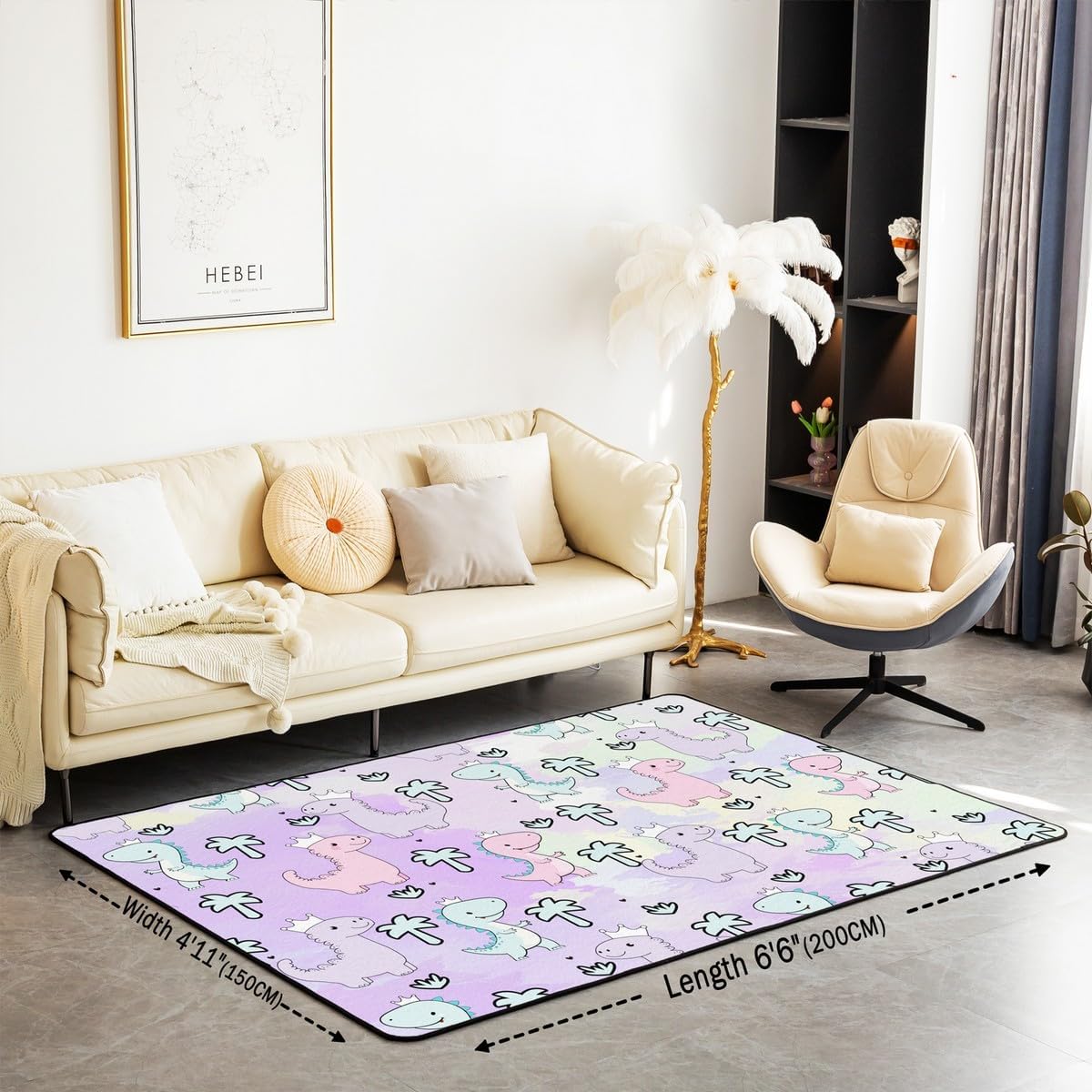 Erosebridal Dinosaur Area Rug 3'x5', Kawaii Dinosaur Carpet for Kids Girls Boys Teens Gift Bedroom Decor, Cartoon Cute Animals Decorative Rug Mat,Palm Leaf Accent Rug Set, Green Purple Pink