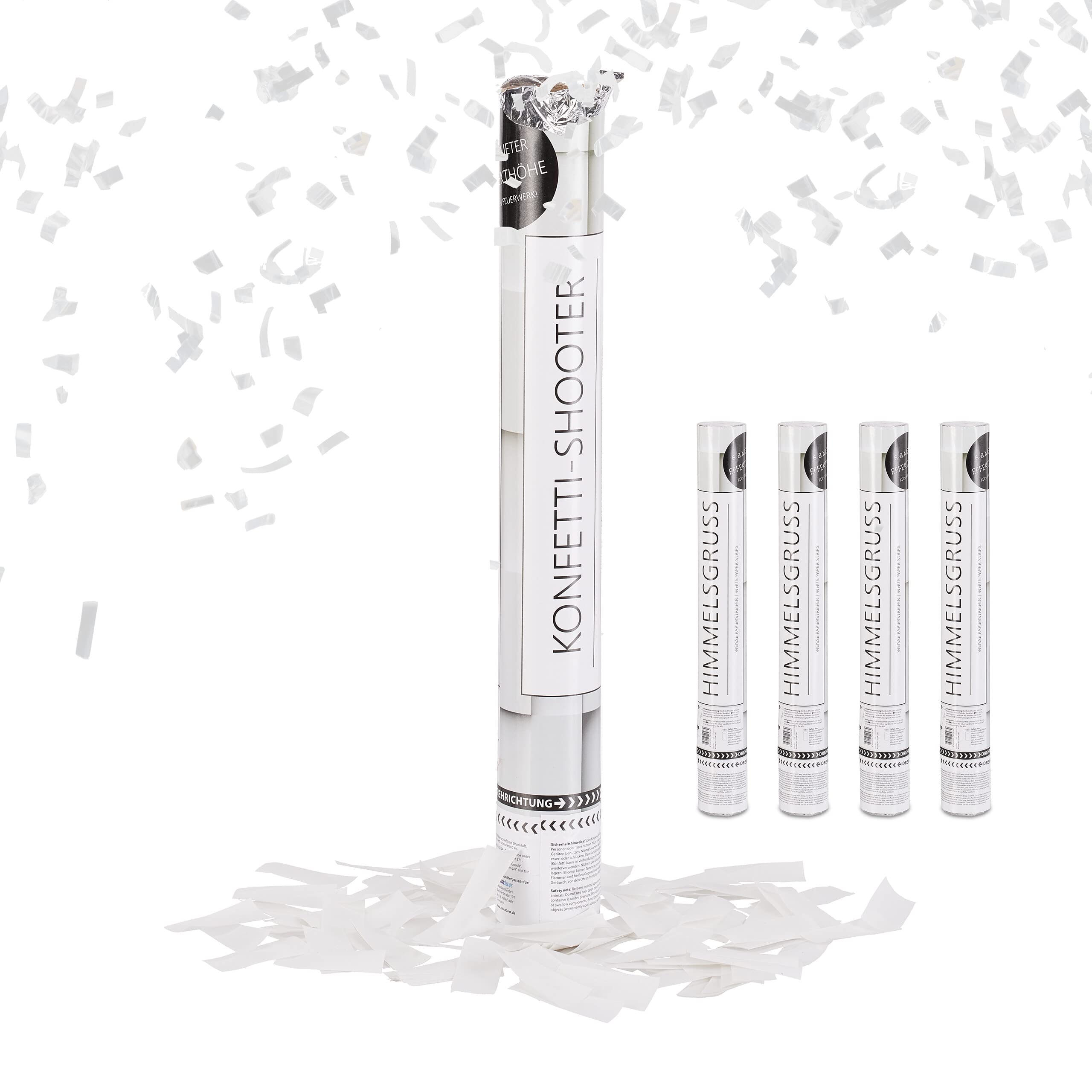 Relaxdays Cañón Confeti, Set de 5, Altura Efecto 6-8 m, Nochevieja, Cumpleaños y Boda, 40 cm, Disparador Confetti Papel, Blanco