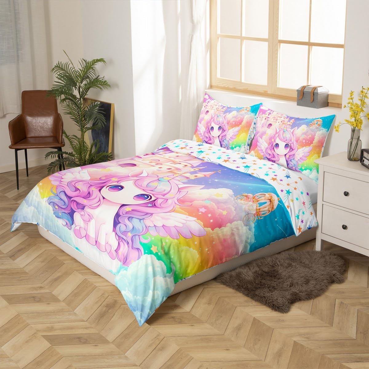 jejeloiu Kids Castle Dreamy Duvet Cover Toddler Size, Princess Comforter Cover Cute Unicorn Bedding Set Boys Girls Galaxy Rainbow Teens Bedspread Cover Bedclothes Zipper (No Comforter)