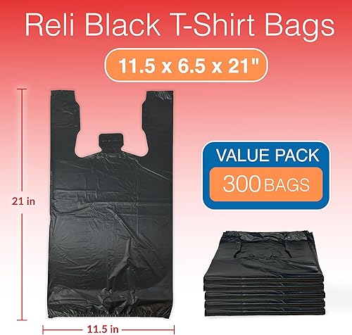 Miniatura 2 de Reli. Bolsas para camisetas (300 unidades) (negro) (11.5 x 6.5 x 21 pulgadas) - Bolsas de plástico negras (lisas) - Tienda de comestibles, compras,