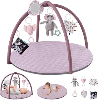 Blissful Diary Baby Play Gym Mat, Tummy Time Activity Mat with 6 Detachable Toys for Stage-Based Sensory & Motor Skill Development, Easy to Install & Clean, Baby Essentials Gift, Lavender Pink