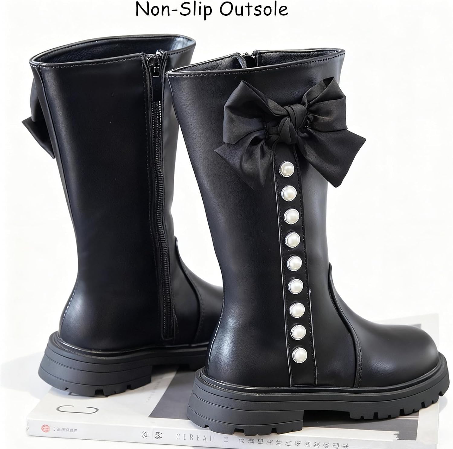 DADAWEN Girls Faux Fur Lined Knee High Boots Fashion Bow Pearl Side Zipper Winter Tall Riding Boots for Toddler/Little Kid/Big Kid