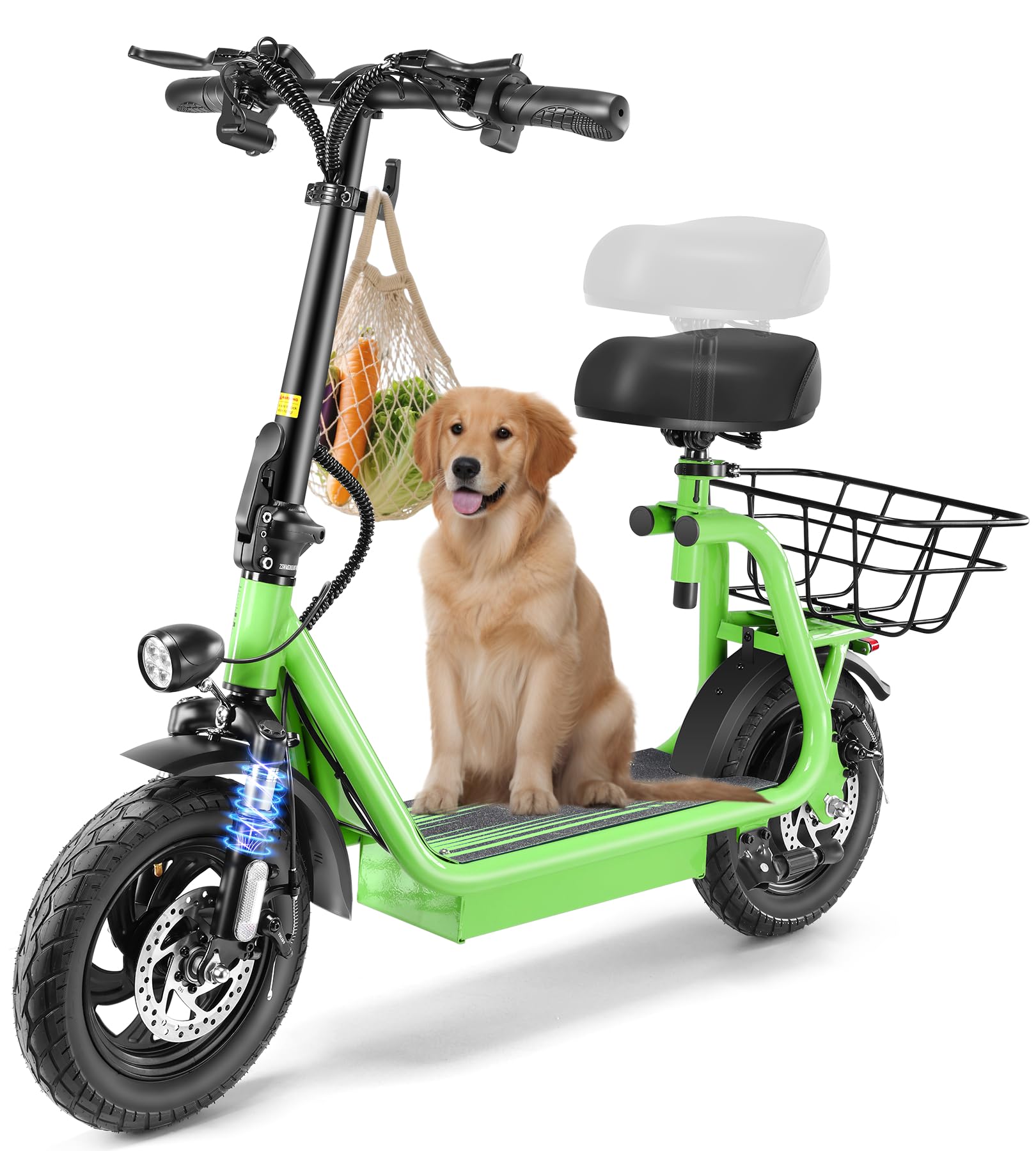Caroma Peak 800W/1200W Electric Scooter with Seat, 22/30 Miles Max Range, Storage Hook & Height Adjustable Seat, LED Display & 3 Speed Modes, Front Suspension & Foldable Electric Scooter with Basket