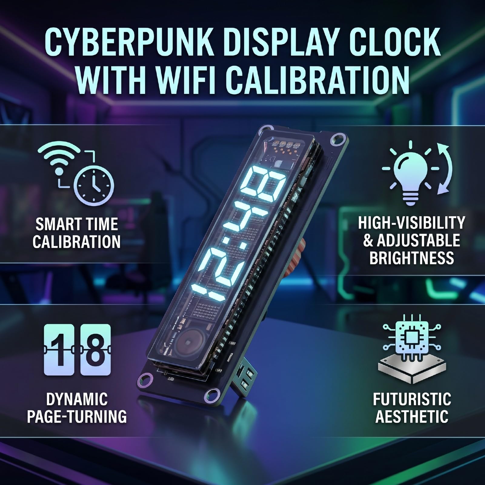 Naroote Despertador con Pantalla, Pequeño Reloj de Sobremesa con Pantalla Fluorescente, Calibración Inteligente de la Hora, Brillo Ajustable, para el Dormitorio, la Oficina