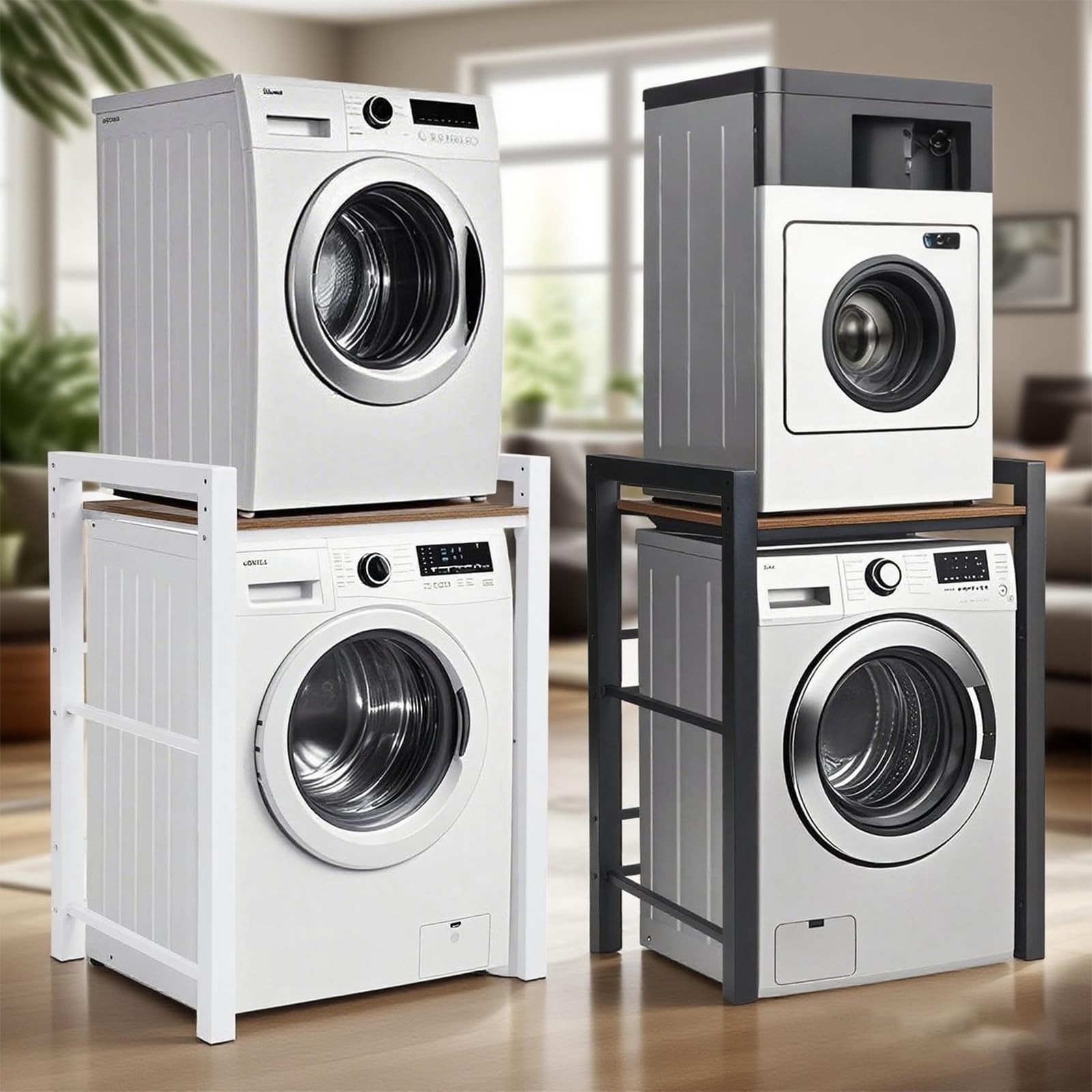 Soportes Para Lavadoras-Secadoras, Mueble Lavadora, Mueble Para Lavadora y Secadora Ajustable en Altura de 3 Niveles, Soporte de Carga 350 Kg, Para BañO, Cocina, BalcóN, Lavandería. (Blanco)