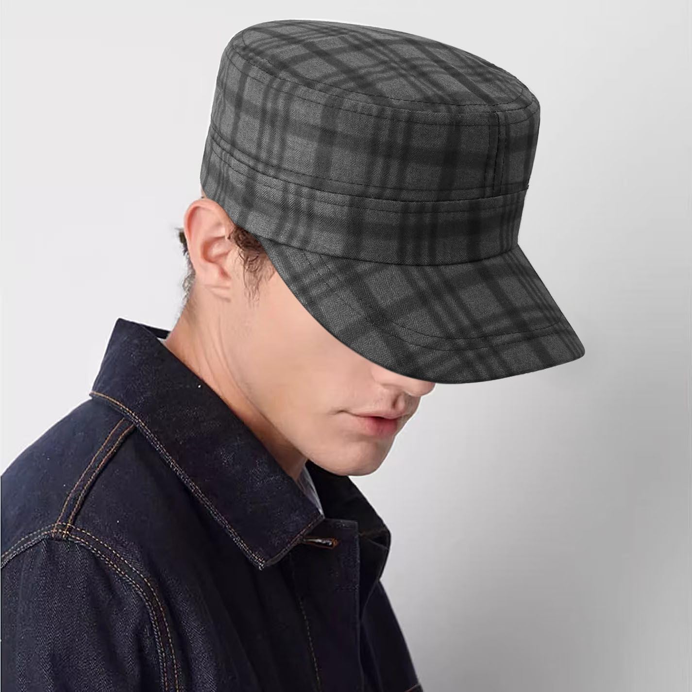 Men's Cadet Army Cap Vintage Military Hat Plaid Pattern Flat Top Cap