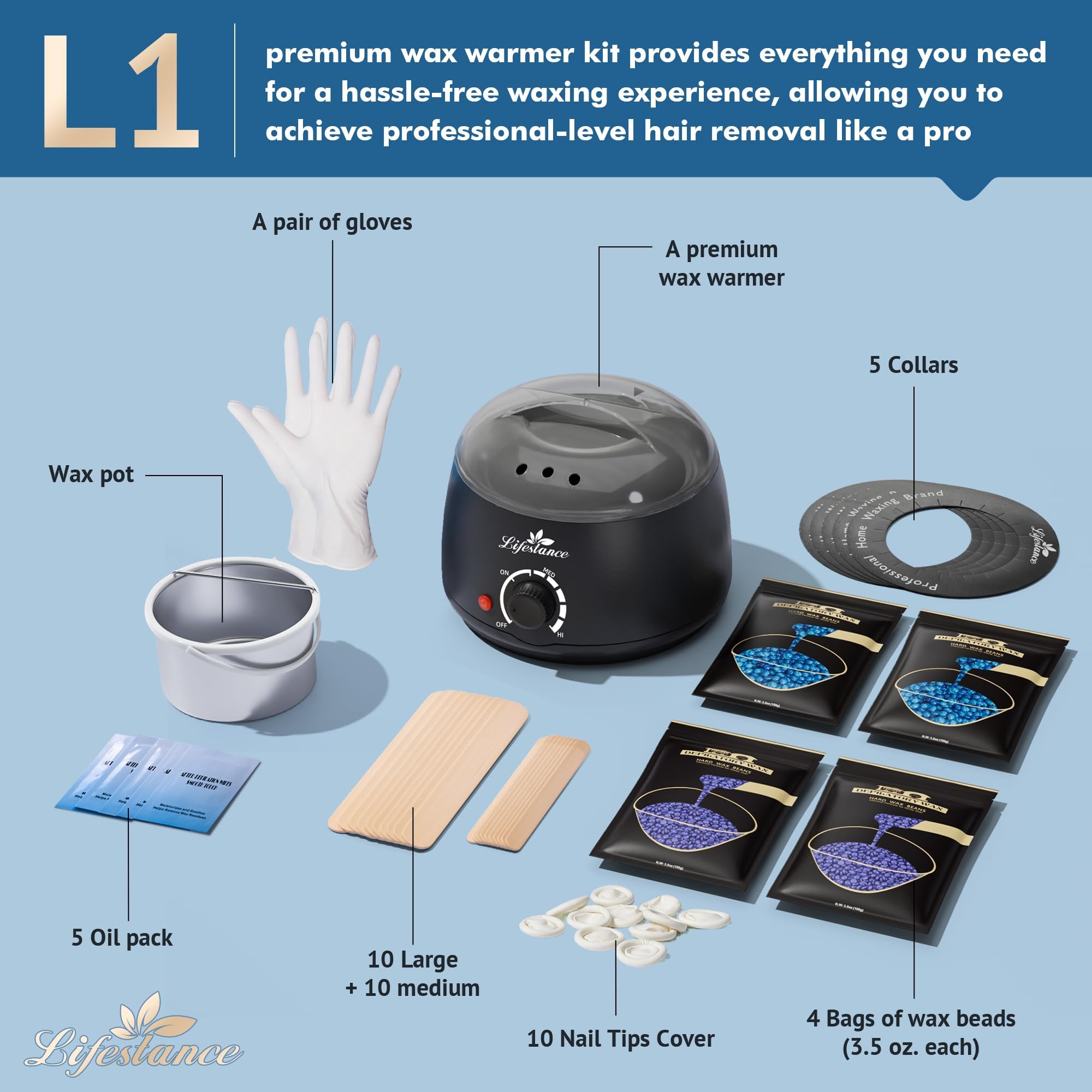 Lifestance Kit Chauffe Cire Avec 45 Accessoires 400g Epilation Cire Perles Avec Formule de Lavande pour Corps, Jambes, Visage, Aisselles, epilation Maillot