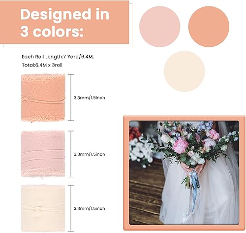 Miniatura 2 de 3 rollos de cinta de gasa de 1.5 pulgadas x 7 yardas, juego de cintas de gasa hechas a mano con flecos de seda rosa crema para envolver regalos,