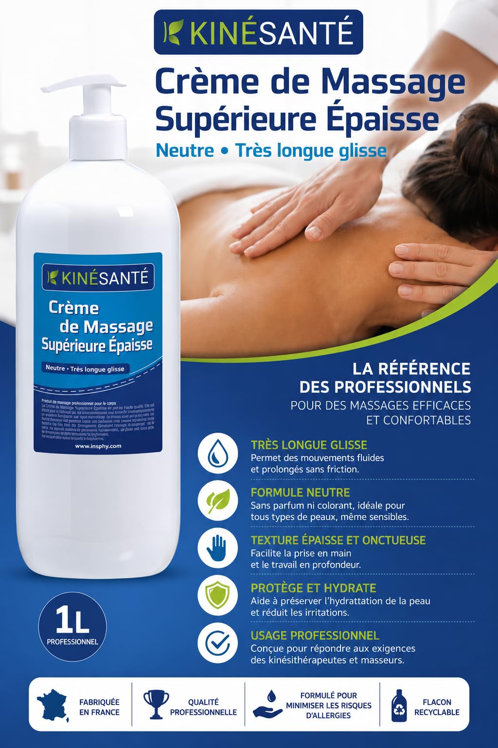 Crème de Massage Supérieure Neutre Très Longue Glisse 1000 ml | Texture Épaisse | Usage Professionnel | Sans Parfum | Fabriqué en France