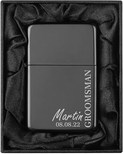 Miniatura 10 de Encendedor grabado personalizado en caja de regalo con forro de seda negra (línea de iniciales de monograma, vertical, negro)